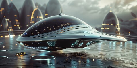 Futuristic D renderings reminiscent of alien technology d style isolated flying objects memphis style d render   AI generated illustration - obrazy, fototapety, plakaty