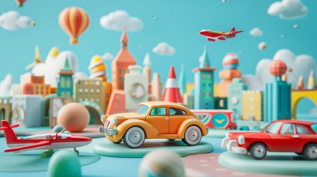 Funky toy cars and planes in a futuristic city d style isolated flying objects memphis style d render   AI generated illustration