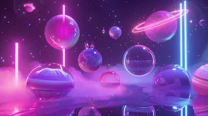 Deurstickers Futuristic objects hovering in a neon-lit universe d style isolated flying objects memphis style d render   AI generated illustration © ArtStage