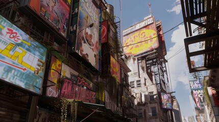 Fototapeta premium Giant billboards tower over the maze-like alleyways below AI generated illustration