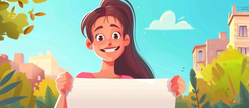 Young animated female holding a sheet of paper in her hands