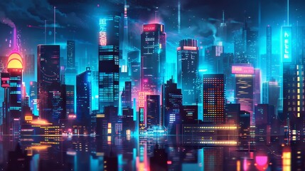 Fototapeta na wymiar Glowing neon signs illuminate the futuristic city skyline AI generated illustration