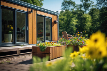 Modern small used shipping container house home, tiny house in sunny day. Shipping container houses...