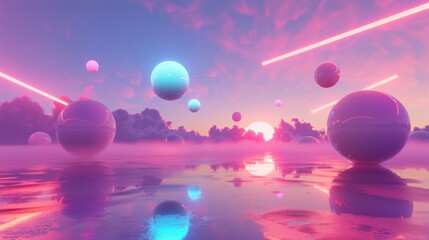 Glowing orbs floating in a neon-colored sky d style isolated flying objects memphis style d render   AI generated illustration - obrazy, fototapety, plakaty