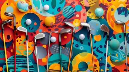 Golf clubs and balls in a colorful pattern  AI generated illustration - obrazy, fototapety, plakaty