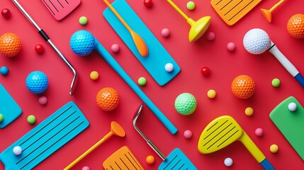 Golf clubs and balls in a colorful pattern   AI generated illustration - obrazy, fototapety, plakaty
