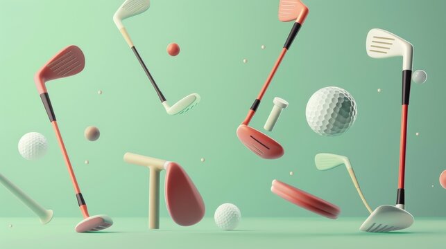 Golf clubs and tees levitating d style isolated flying objects memphis style d render   AI generated illustration