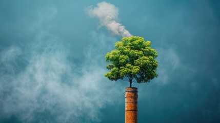 A lush tree emerges from an industrial chimney, symbolizing triumph over pollution.