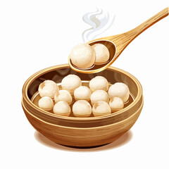 a wooden bowl filled with white balls of food