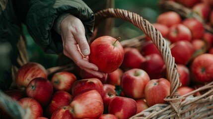 A woman's hand takes a yellow-red organic apple from a basket. Choosing an apple