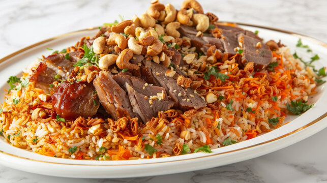 Traditional egyptian koshari dish with toppings
