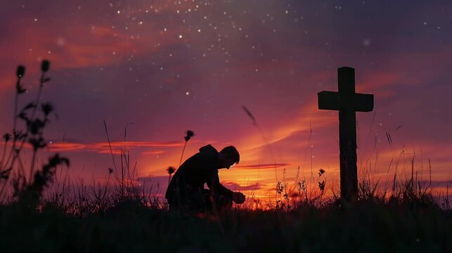 silhouette of a person sitting in front of a cross in the afternoon wallpaper HD 4K