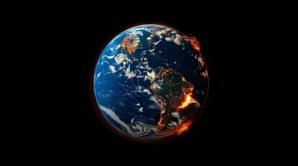 Planet Earth ablaze illustrated in photorealism to emphasize the harsh reality of global warming and its catastrophic effects on our world