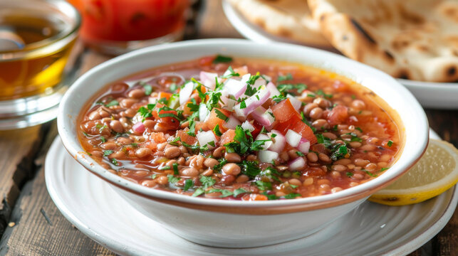 Bowl of egyptian-style cooked beans garnished with fresh vegetables, served with bread and tea