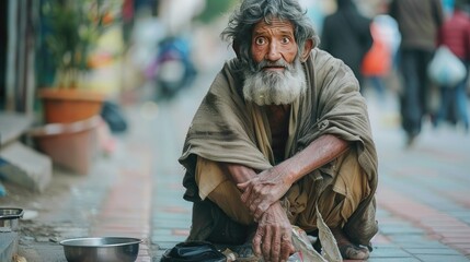 guy faced beggar with ragged clothes begs on the street - obrazy, fototapety, plakaty