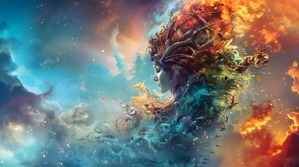 Vibrant Zoomorphic Mythical Creature Woman Showcasing Surreal Fantasy in Ethereal Colorful Setting - obrazy, fototapety, plakaty