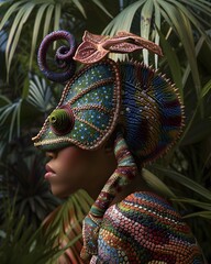 Zoomorphic Woman Embodying Chameleon Features in Vibrant Tropical Setting with Harmonious Colors and Textures