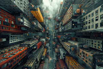 A chaotic cityscape with a maze of streets and alleys, bustling with activity and diversity....