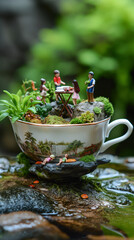 Miniature garden party setup in a teacup, ideal for creative advertising, event planning and whimsical design elements.