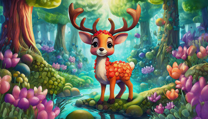 oil painting style CARTOON CHARACTER CUTE Red deer stag in the misty forest,