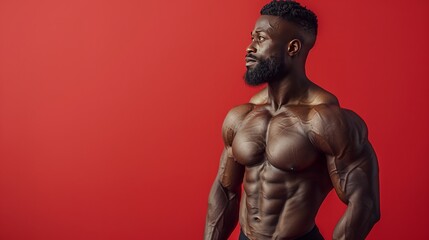 Portrait of bodybuilder African American fitness man model torso with well developed muscles and abs isolated on red background with copy space. 