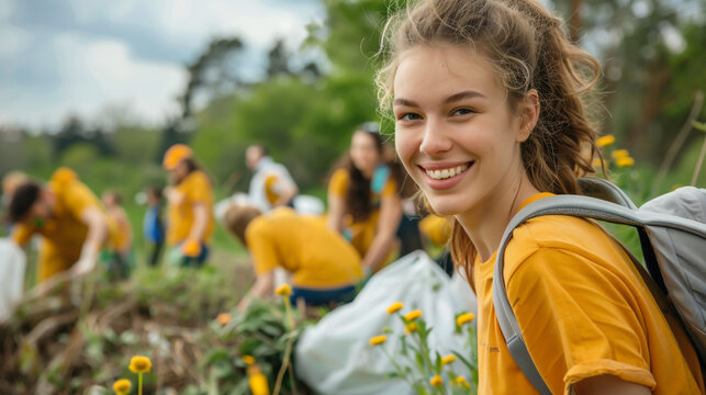 A passionate young woman energizes a team of committed volunteers in an eco-friendly cleanup initiative.