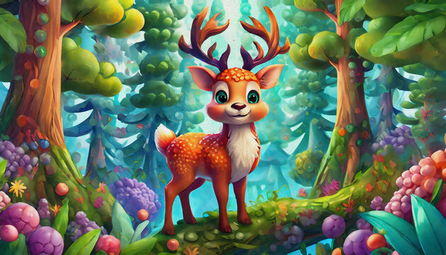 oil painting style CARTOON CHARACTER CUTE Red deer stag in the misty forest,