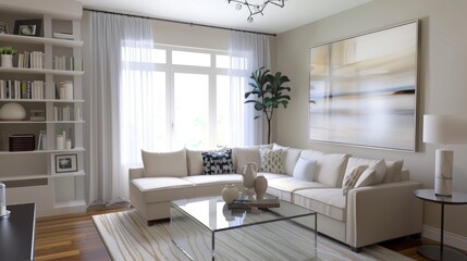 Fototapeta na wymiar Minimalist Neutral Living Room with Cream Sofa Stock Photo