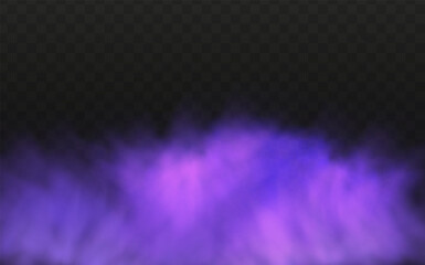 Scary mystical  violet fog in night Halloween. Purple poisonous gas, dust and smoke effect.Realistic neon magic mist steam on a transparent dark background.
