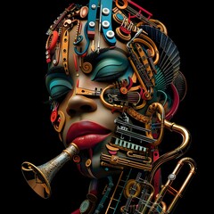 Captivating Abstract Representation of a Woman's Expressive Face Composed of Musical Instruments,Vibrant Shapes,and Vibrant Colors