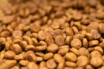 Food for animals background. Dry cat and dog food texture, pattern. Pet meal background close up. Dry food for pet dogs and cats. Dried pet food top view. Granules of good nutrition for dogs and cats.