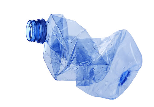 Blue plastic bottle crumpled, isolated on white, clipping path