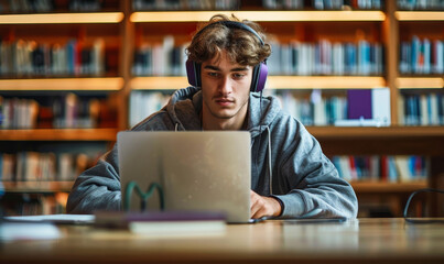 Diligent Student Buckling Down for Exams: Focused Young Man with Headphones Working on Laptop in College Library