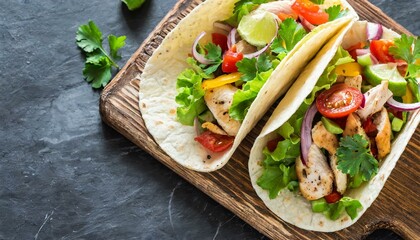 healthy tacos with chicken and vegetables on wooden board, top view, copy space