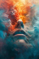 Corroding face vanishing within an explosion of chromatic vapor, stylize 2D illustrate