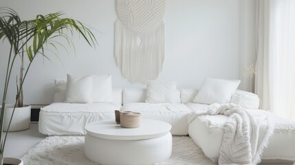 Modern White Living Space with Monochromatic Theme AI Generated.
