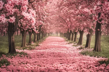 a pathway lined with pink flowers in a park
