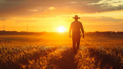 Fototapeta premium A farmer walks through the fields at sunset, agriculture