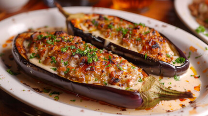 Delicious baked aubergines filled with savory ingredients, garnished with herbs - obrazy, fototapety, plakaty