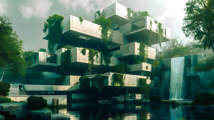 Architecture futuriste, bâtiment et végétation adaptée au changement climatique