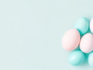 Pastel colored Easter eggs on a solid light blue background make up the background of this Easter egg card design.