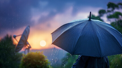 Person under an umbrella during a sunset rain, suitable for weather forecasting or mood-themed web design - obrazy, fototapety, plakaty