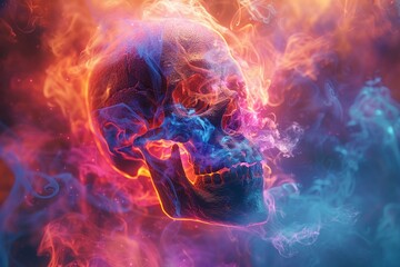 Decayed cranium amidst a mesmerizing swirl of luminous mist, 2D digital lofi syncwave music style - obrazy, fototapety, plakaty