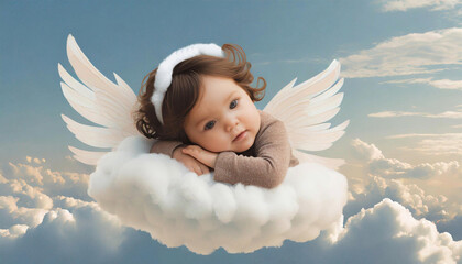 Baby with white wings curled up on realistic clouds in the sky. - 783306927