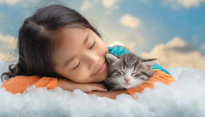 Child sleeps peacefully, nestled with a kitten on a cloud, sweet dreams. - 783306932