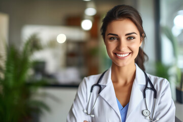 Young white woman wearing doctor uniform and stethoscope with a happy smile. Lucky person