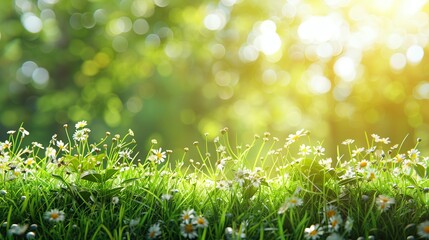 Summer green grass meadow with sunshine views on blurred wild field outdoor background with copy space