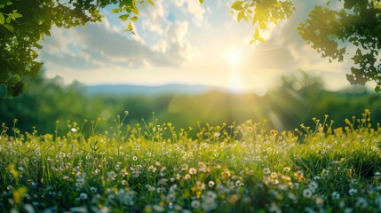 Summer green grass meadow with sunshine views on blurred wild field outdoor background with copy space