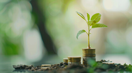 Fototapeta na wymiar Young plant on coins, financial growth, eco 