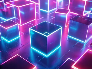 Digital art wallpaper, 3D render of sleek glowing neon cubes in minimalist pattern, 2d illustrate fantasy - obrazy, fototapety, plakaty